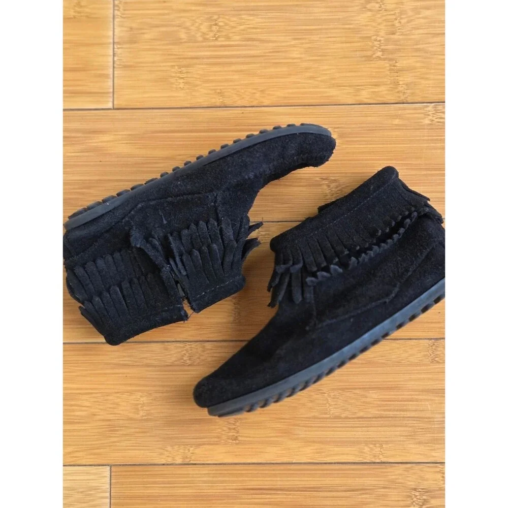 Minnetonka Moccasins Ankle Booties Black Suede Double Fringe Zip Boots Kids 2